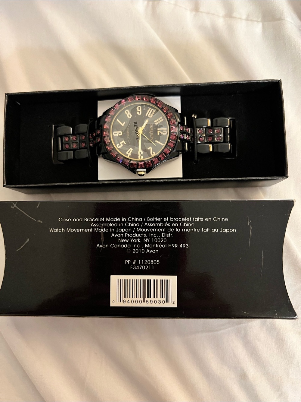 Gruen Remonté Purple Crystal Black Bracelet Watch Avon 2010 NIB